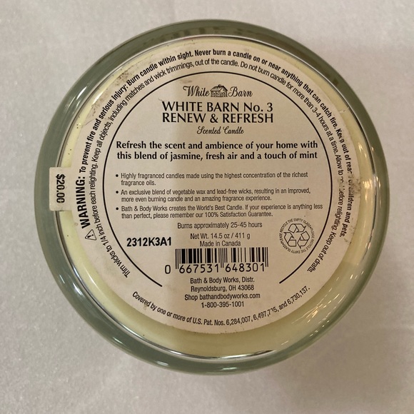 White Barn No 3 Renew & Refresh Bath & Body Works Candle - Picture 7 of 7